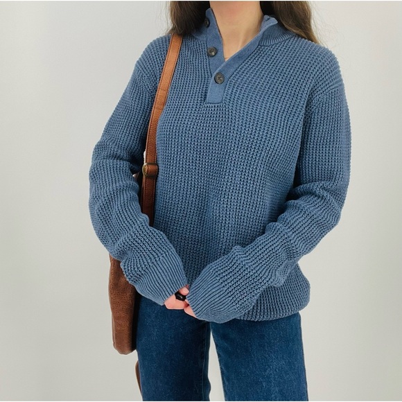Cotton Henley Waffle Knit Slouchy Oversized Sweater - M - Blue - Picture 4 of 8